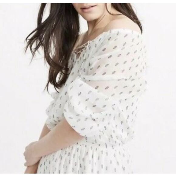 NWT Abercrombie & Fitch White Chiffon Peasant Dress XL Lace Up Long Sleeve - Picture 2 of 13